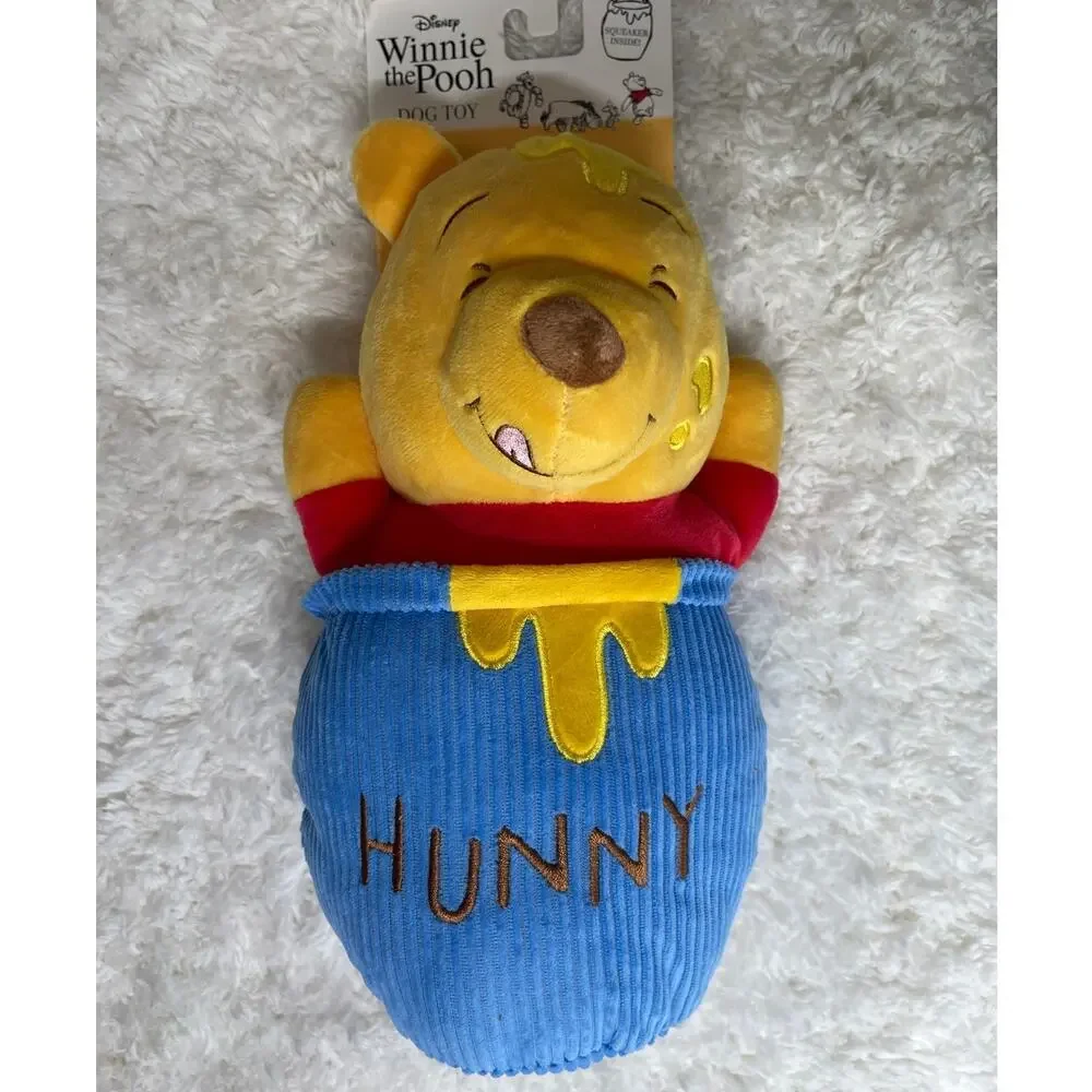Disney Winnie the Pooh Dog Squeaky Toy Honey Pot Plush Squeaker Yellow Blue NEW